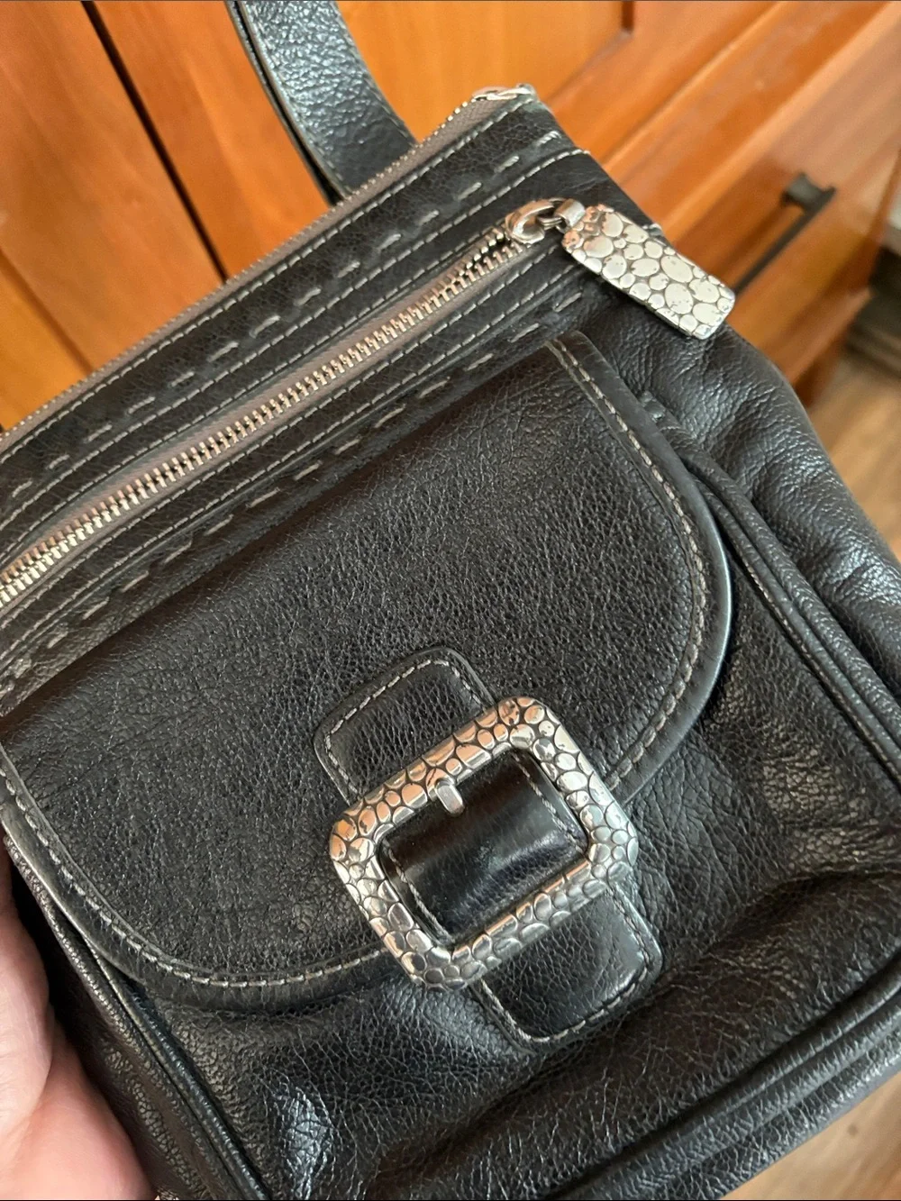Brighton Black Leather Messenger Bag with Silver Buckle Accents